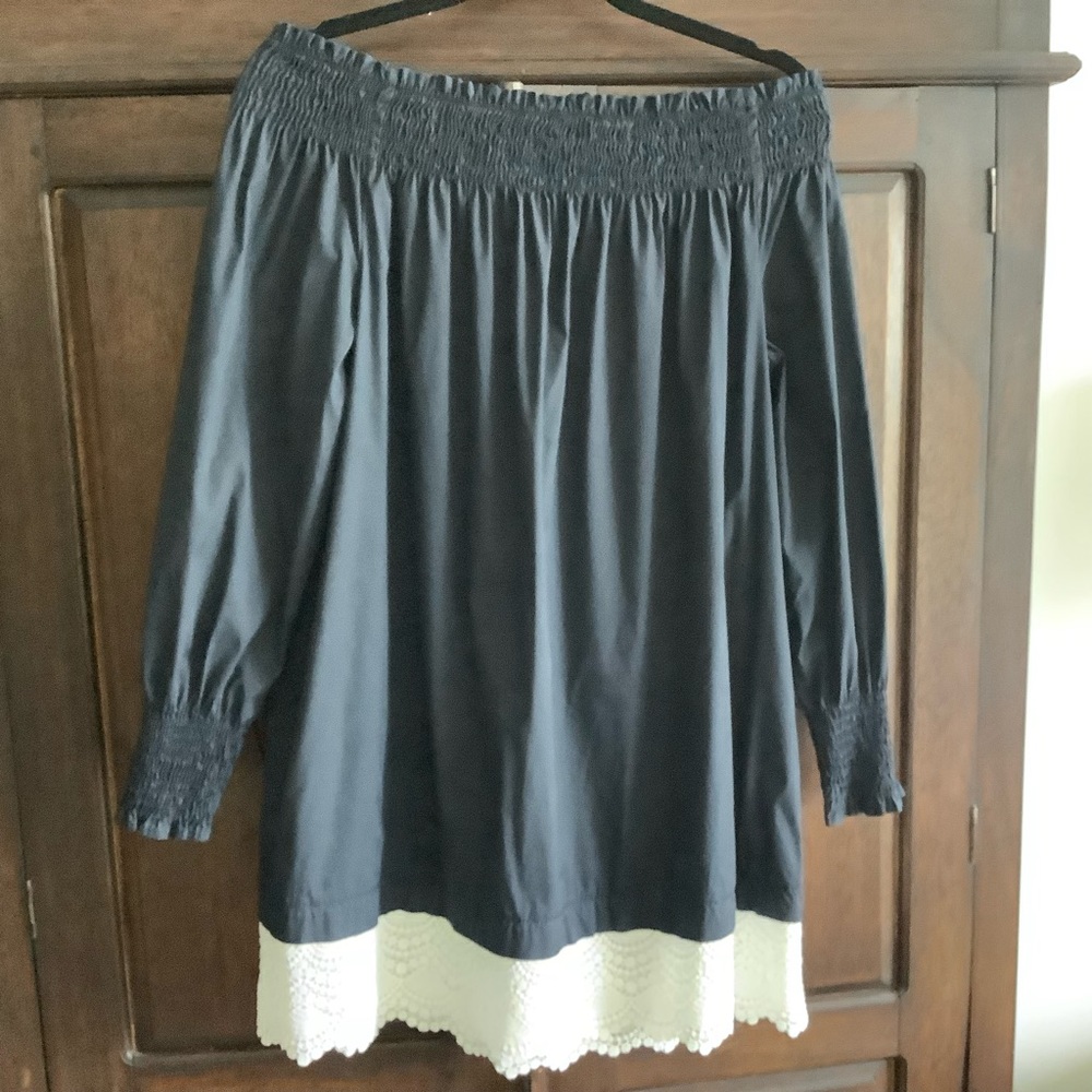 ZARA Navy Off Shoulder Dress With Lace Trim M - Picture 1 of 5
